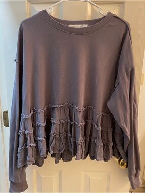 Altar'd State Washed Blue Gray Ruffle-Hem Sweatshirt